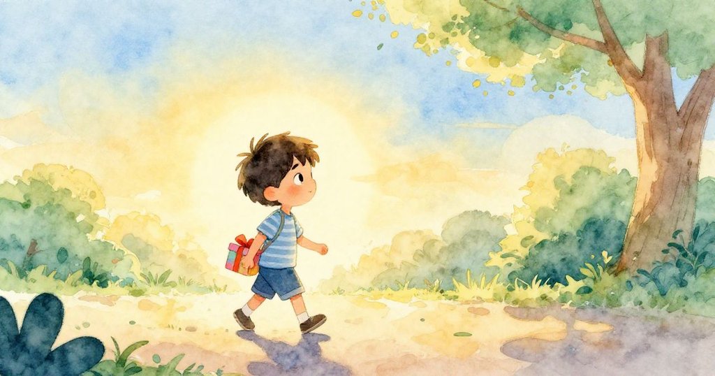 黎奧於公園晨曦中行走，手持鮮亮禮物，身影在朝陽中清晰呈現，充滿希望及溫暖情感。