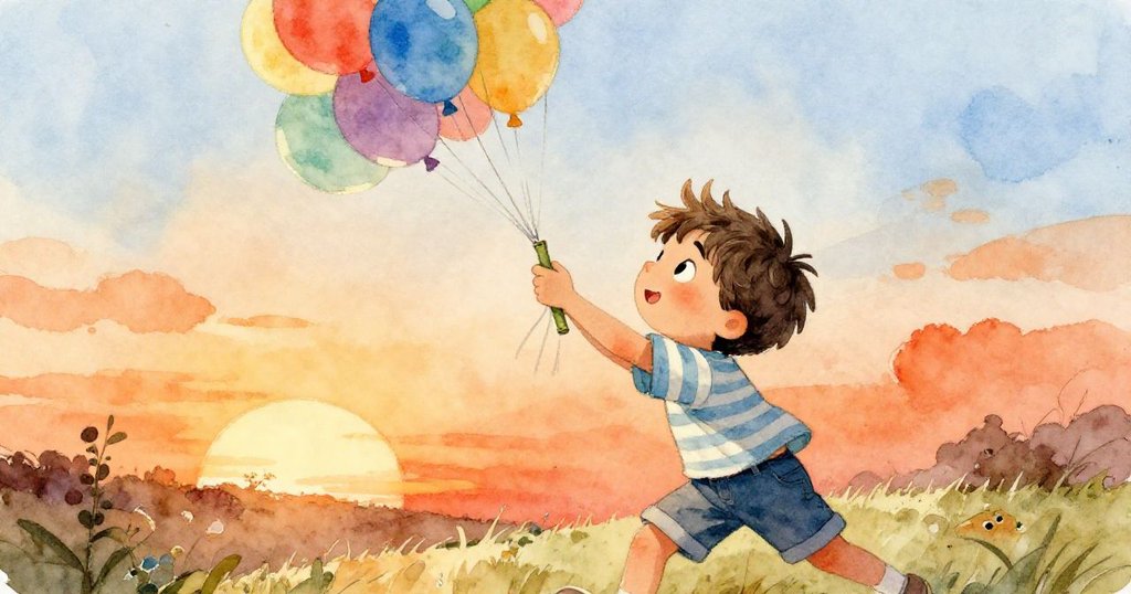 黎奧神情專注且愉悅，疾步踩上平石，舉著竹桿勾住飄舞的氣球，呈現出充滿動感的快樂場景。