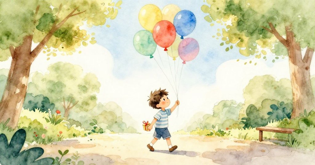 黎奧滿懷喜悅沿著公園小徑漫步，手持禮物，頭頂彩色氣球隨風起伏，整體景色寧靜而和美。