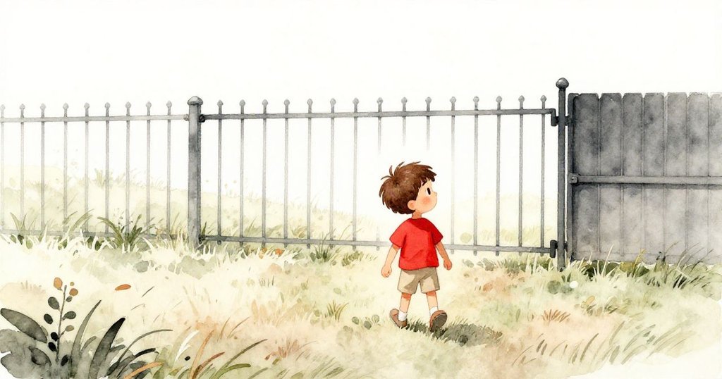 米洛穿著紅T恤,沿著夏日草地走向籠場,遠處高籬映出陽光,臉上顯露期待與寧靜。