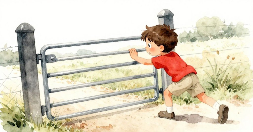 米洛用力推門,斜視角呈現金屬閂吱嘎作響瞬間,充滿決心與冒險氣息。