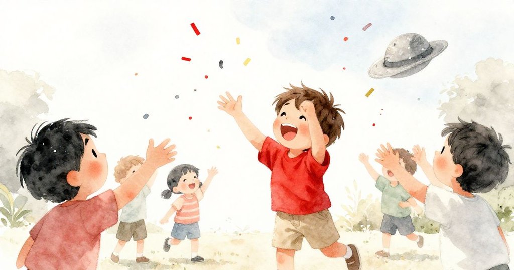 孩子們在籠場門口快樂擁抱與分享閃爍紙屑,米洛與夥伴交換燦爛笑容慶祝奇妙時刻。