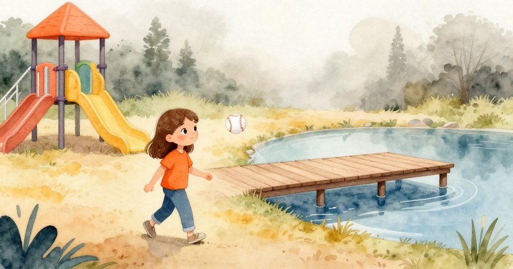 Erin手持亮球漫步於空曠遊樂場，柔和陽光與晨霧映照木製碼頭與寧靜池塘，充滿期待與活力。