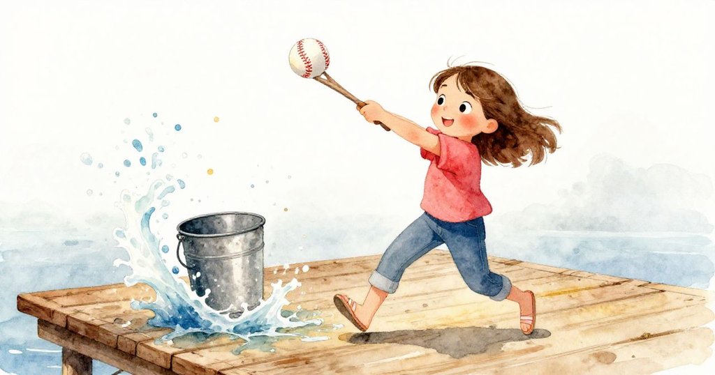 Erin揮臂打球時意外撞上銅桶，桶子傾倒濺起水花，Erin表情驚訝，場景充滿動感與溫暖色彩。