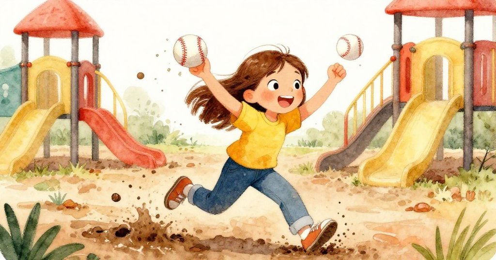 Erin奔跑越過泥濘歡笑尋球，泥坑與濕地交織出活力景象，笑臉洋溢著快樂與成功感。