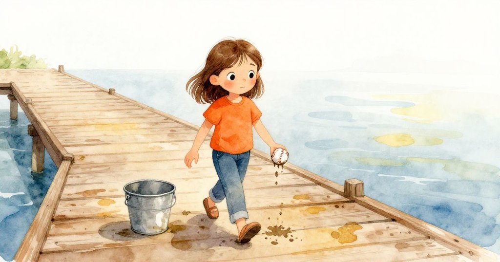 Erin攜帶著滴水球步回木碼頭，空桶與濕跡象徵奇遇經歷，柔和光線下呈現平靜結局與感悟。