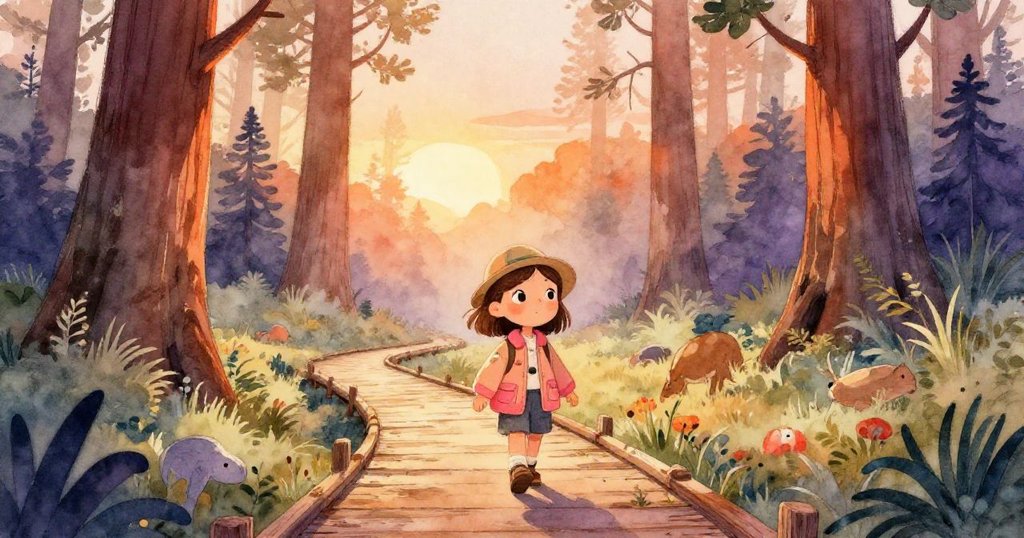 Tess 手持地圖進入保護區老舊木板道,四周矮樹與巨樹交錯,臉上流露出期待與好奇之情。