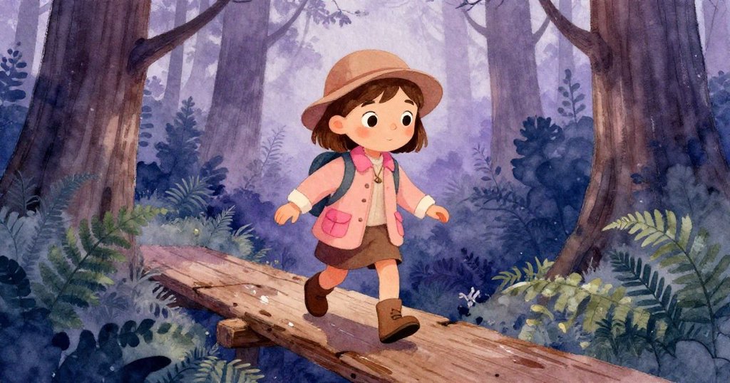 Tess 小心翼翼踏上濕滑木板,扶著雪松扶手,霧氣繚繞巨樹間,臉上表露出專注與謹慎情緒。