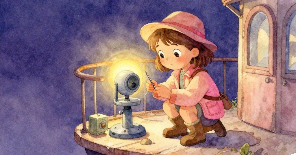 Tess 坐在古舊平台上專心修理感測器,手持工具,銀色扶手襯托出堅毅與溫暖環境氛圍。