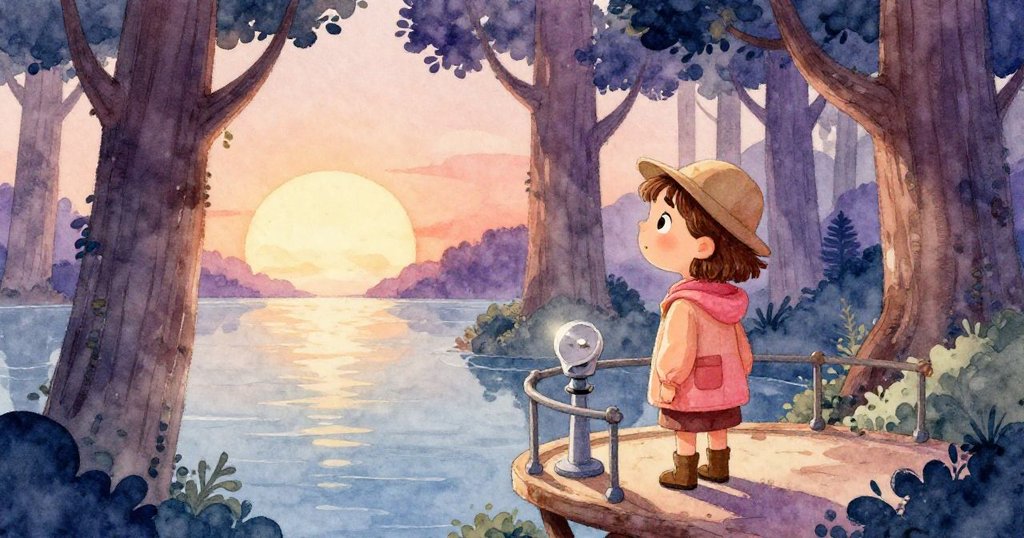 Tess 離開修復好的平台,回首凝望巨樹與寧靜水面,神情中流露滿足及對大自然奧秘的驚奇。