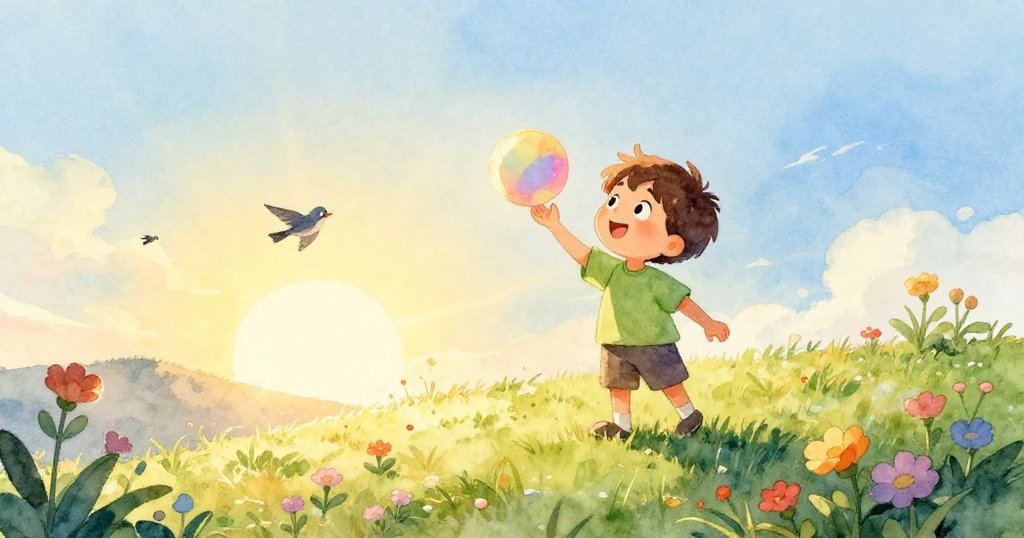 在晨曦金光中,Sam站在翠綠山丘上手持橡皮球,鳥兒低飛,臉上滿是期待與喜悅,展現故事開端的活力。