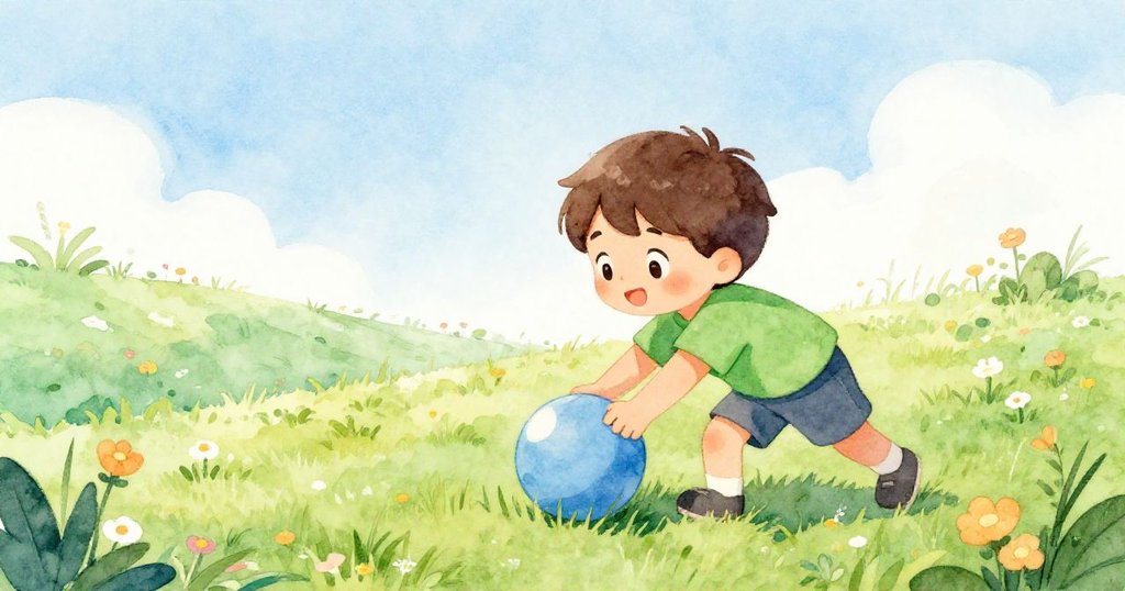 Sam推動橡皮球在花草繁茂的山坡上向前滾動,柔風輕拂花朵,呈現出豐富質感與生機勃勃的春日氛圍。