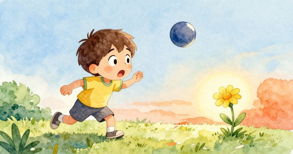 Sam驚訝地退後,目光注視著橡皮球向一朵黃色花靠近,花朵彎曲如門扉,陽光斜照下展現出動態與情感轉變。