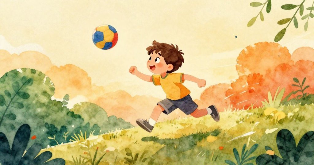 Sam充滿活力地奔跑追趕橡皮球,夕陽橙金映襯山丘,展現出玩耍中興奮與迫切追尋的生動畫面。