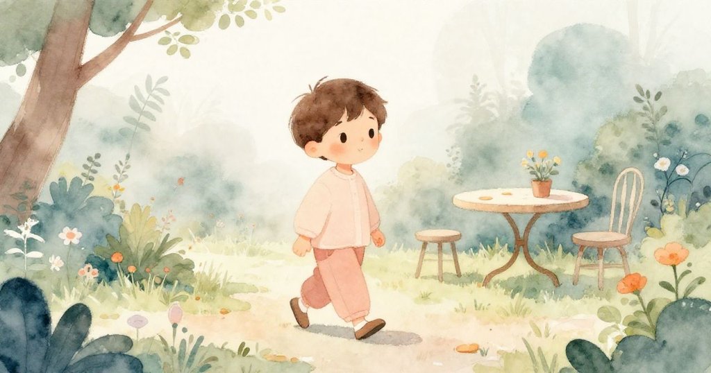 清晨薄霧中，Milo踏入花園，小桌陪伴他準備驚喜，臉上流露期待與溫柔笑容。