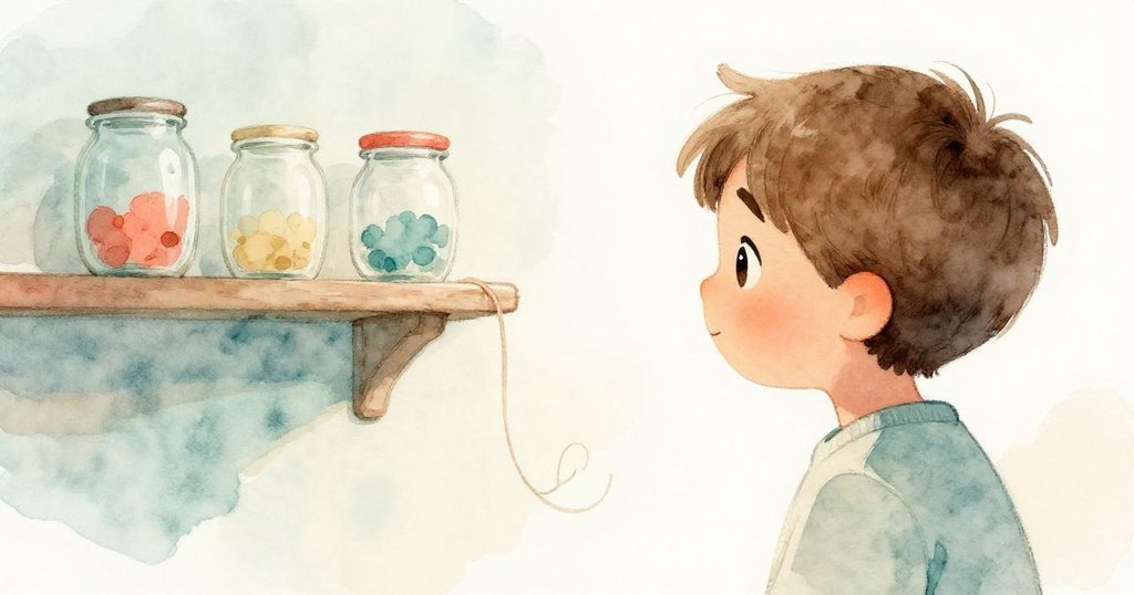 Milo背影展示桌上掛飾鬆脫，架上罐子晃動，構成意外緊張又有趣瞬間。