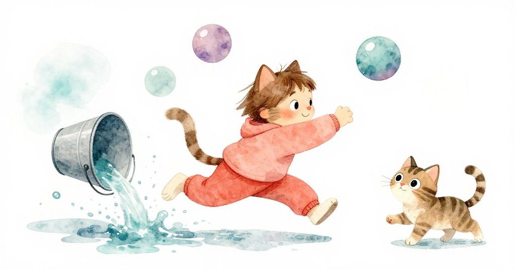 貓咪追逐彈跳球動作迅速，水桶灑出水滴飛舞，情景生動充滿朝氣。