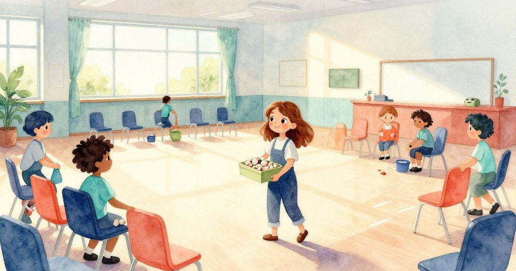 米拉在柔和晨光中走入社區展廳，提著海螺小盒，背景志願者移椅子，展現期待與溫暖的情感。