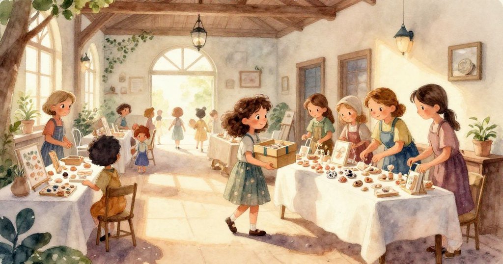 米拉細心用指尖排列海螺，藍色油漆痕跡下展現精緻觸感與專注神情，充滿期待與溫柔感。