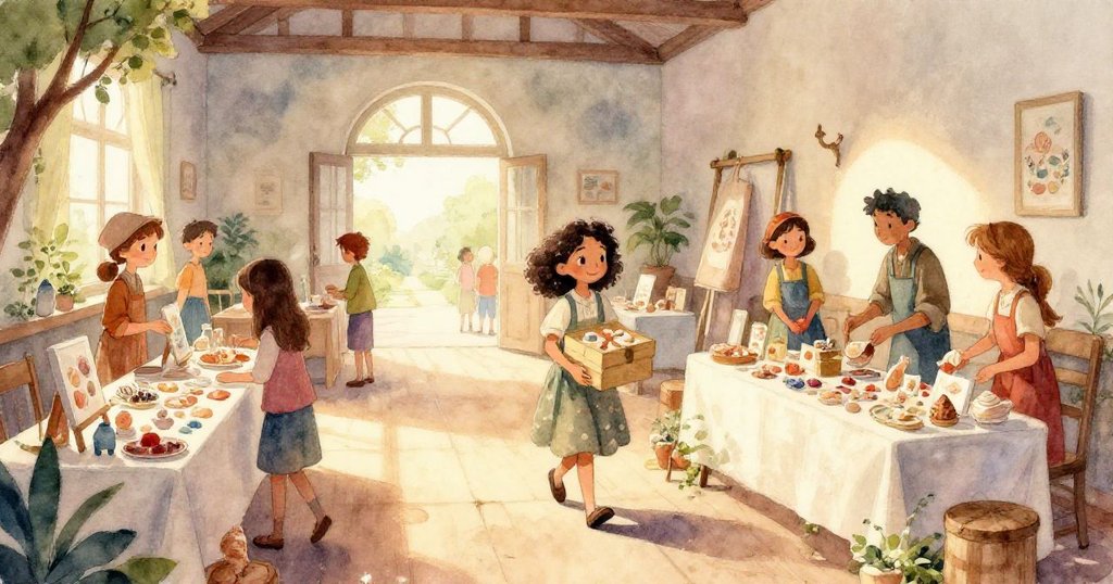 藍色油漆在地板上形成優美曲線，海螺閃耀反光，孩子們滿懷驚喜指向這意外藝術現場，氛圍活潑。