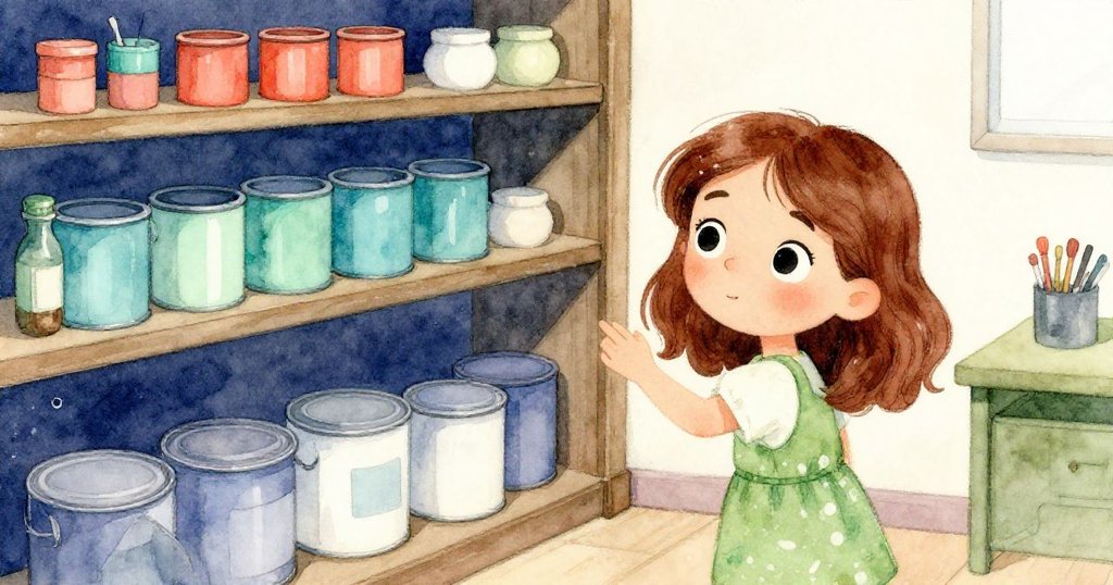 米拉在社區中心隱秘角落探查，發現牆邊彩色油漆罐與工藝用品，神情充滿好奇與發現驚喜。