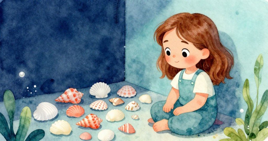 展會後米拉靜坐於角落，溫柔注視排列海螺，神情平和滿足，散發寧靜溫暖氛圍，令人感受安心。