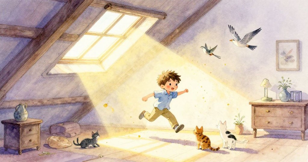 樂奧在充滿金光閃爍塵埃的閣樓中飛奔，旁有好奇的小貓與小鳥，展現探索開始的興奮與快樂。
