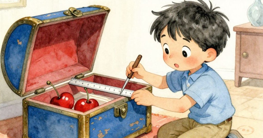 樂奧專注地用細尺撬開飾有黃銅細節的古舊箱子，藍漆斑駁流露出歷史痕跡，充滿驚奇與認真。