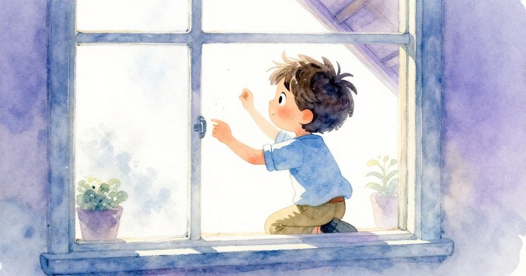 樂奧在窗邊忙碌，透過玻璃映出金色光芒與飄浮塵埃，呈現出下午閣樓內部夢幻且寧靜的景象。