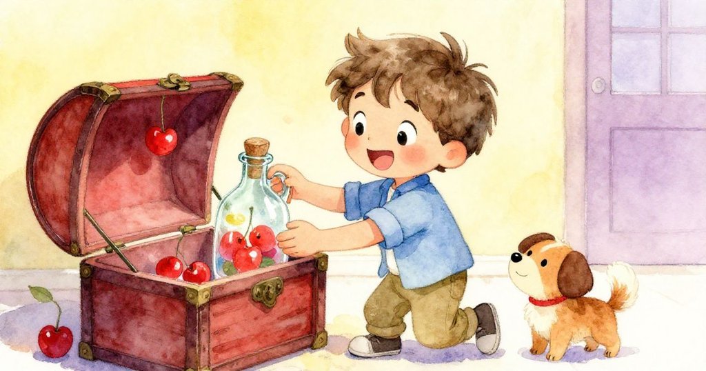 樂奧滿懷喜悅地將神奇瓶子放回古箱，與小寵物共享歡慶時刻，展露出探索後的溫馨快樂。