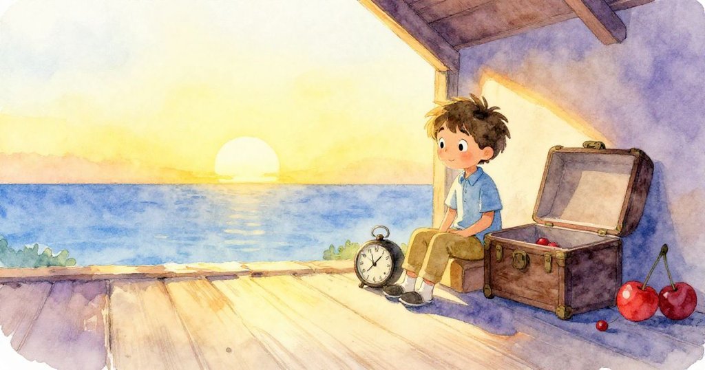 黃昏時分，樂奧在閣樓中靜坐反思，金色夕陽灑落室內每個角落，展現出探索後的滿足與寧靜。