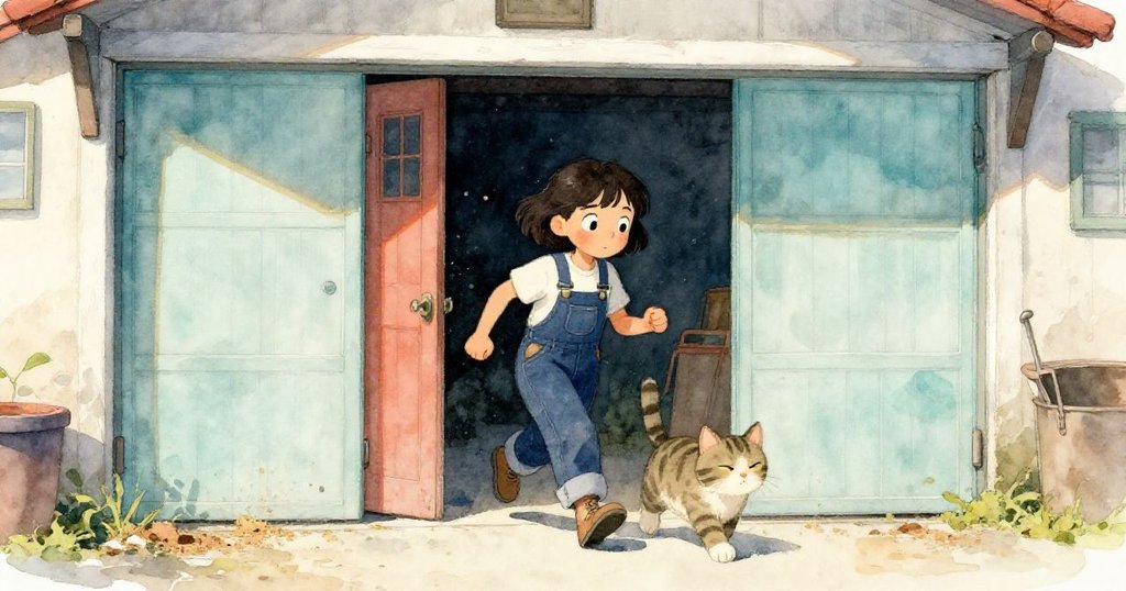 瑪拉帶著好奇與期待穿越車庫大門,陽光灑落在鬆散木屑上,條紋貓靜靜相隨,共同展開探險旅程。