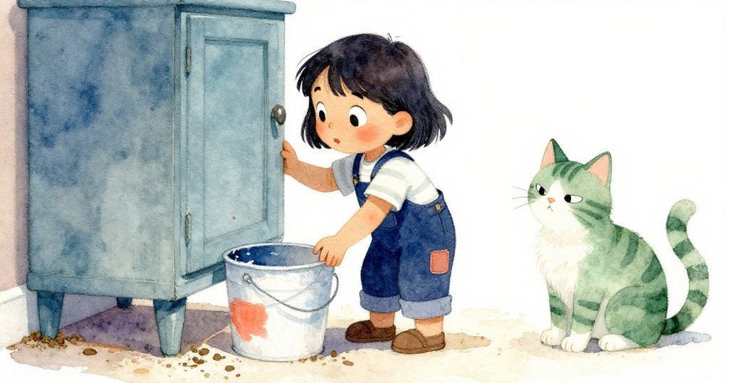 瑪拉小心地推著空油桶至高櫥下,手部動作靈巧,櫥旁傳來細微金屬聲響,條紋貓靜觀四周。