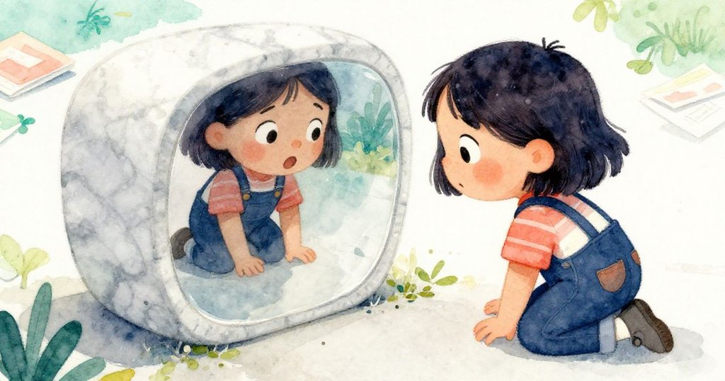 瑪拉蹲下拾取彈珠,一顆閃亮彈珠映出她驚喜神情,周圍散落筆記本與紙箱碎片,充滿意外驚奇。