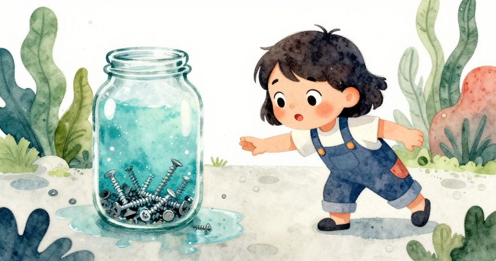 瑪拉伸手觸摸幾近浸水的玻璃罐,裡面裝滿細小螺絲,水面熠熠生輝,呈現夢幻水下光影,神情專注。