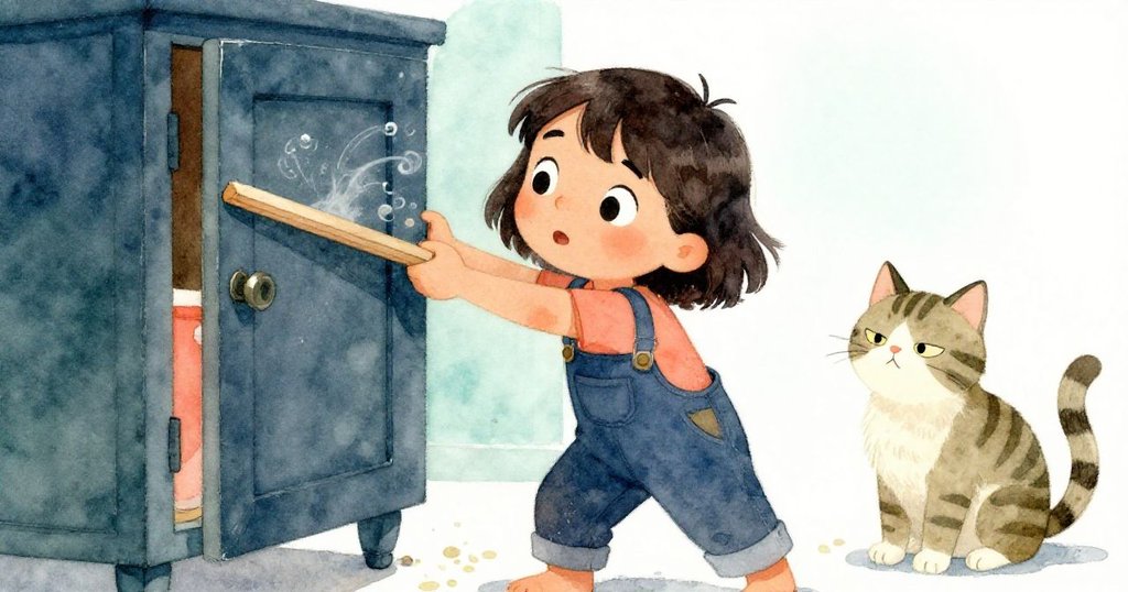 瑪拉奮力用木板撬開油漆封閉的櫥門,手握木板用力,飛揚灰塵中條紋貓關切注視,神情堅定。