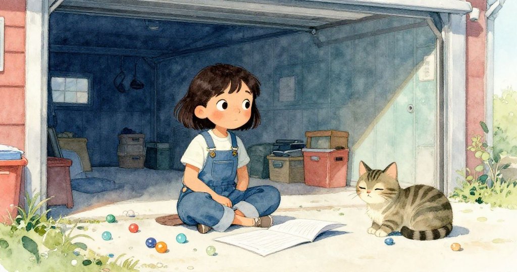 瑪拉安坐於車庫中,周圍散落著亮麗彈珠與打開筆記本,條紋貓安然相伴,陽光柔和灑落,營造寧靜氛圍。