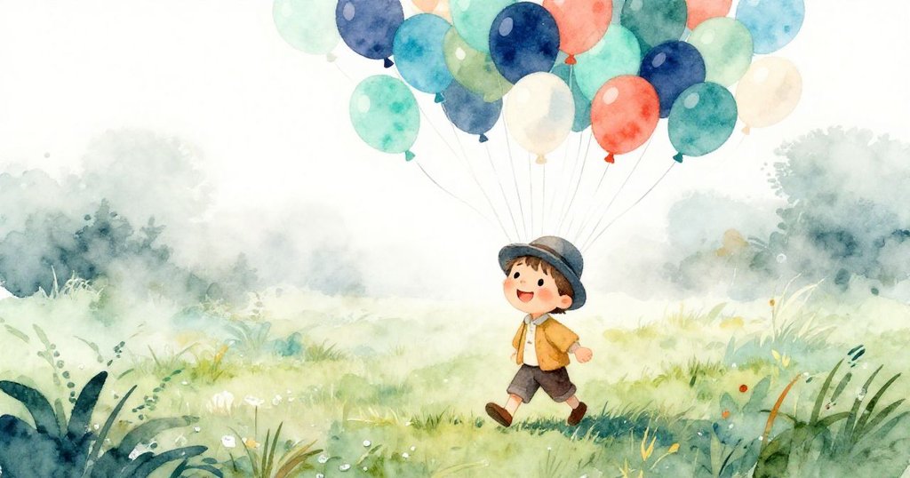 湯姆戴著整齊帽子提著野餐籃走在晨霧濃郁的露水草地上，陽光溫暖，彩色氣球在空中飄揚，表情充滿期待。