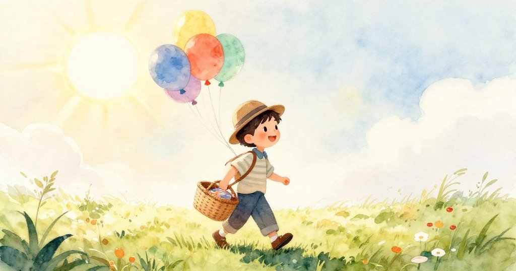 湯姆在濃綠草地上快步前行，細膩露出腳印，野餐籃隨著步伐輕輕晃動，頭頂彩球點綴歡樂氛圍。