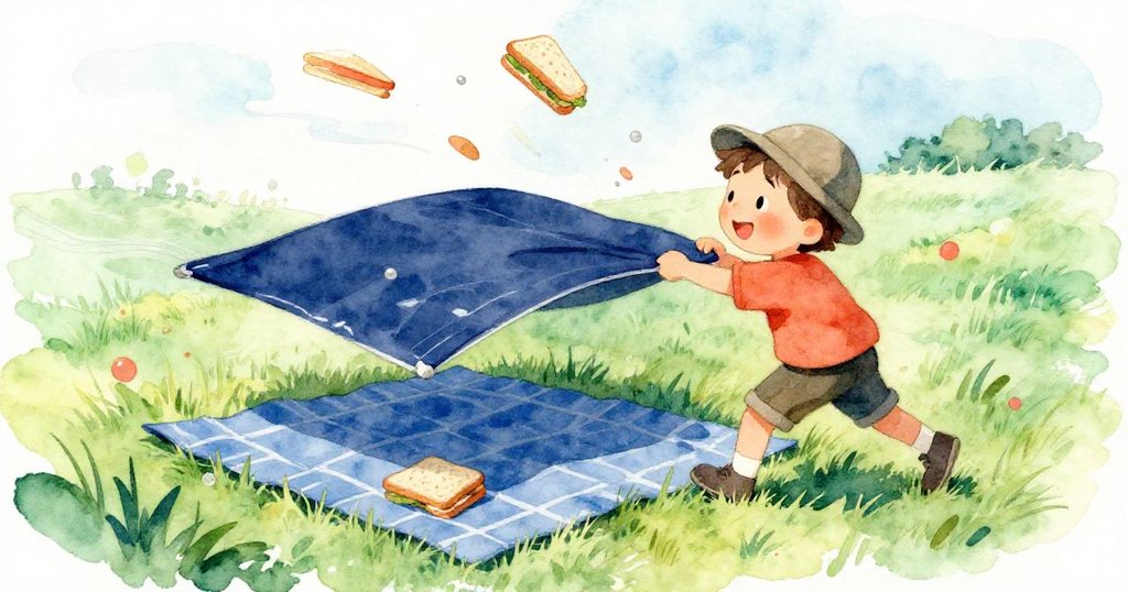 湯姆正鋪設藍色野餐布時，微風吹起角落使三明治邊緣搖搖欲墜，他迅速伸手抓住布角，臉上滿是緊張與專注。