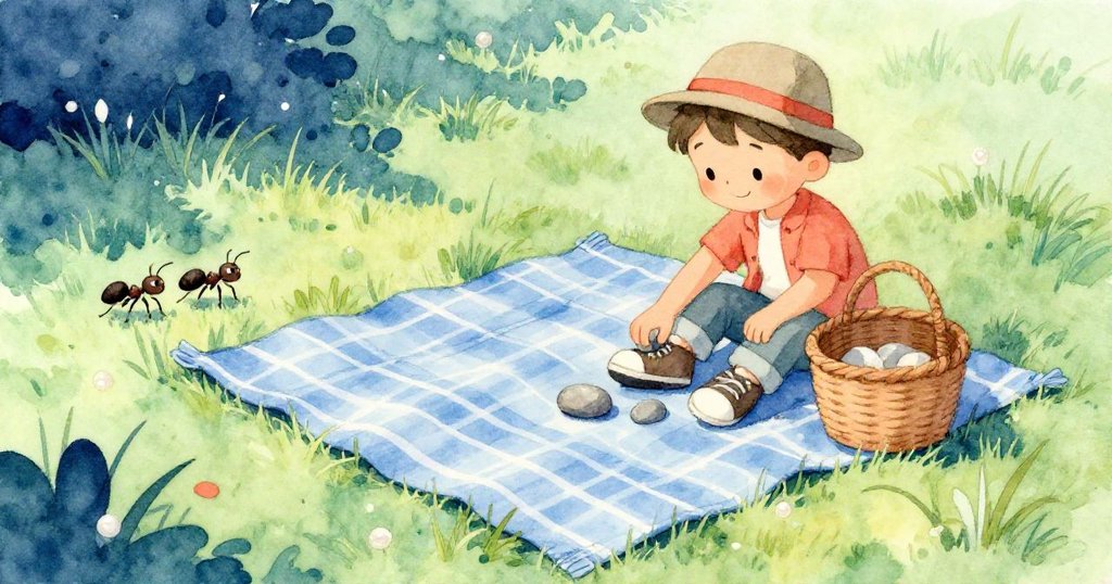 湯姆細心地將三顆小石頭依序放在野餐布角，將籃子移至鞋旁，蚂蚁緩緩經過，畫面充滿自然細膩情趣。