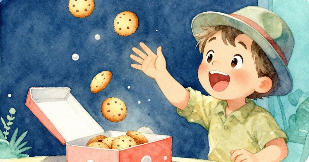 湯姆打開餅乾盒時，一塊餅乾滾向邊緣，他迅速伸手接住，臉上充滿驚喜與快樂，動作充滿活力。