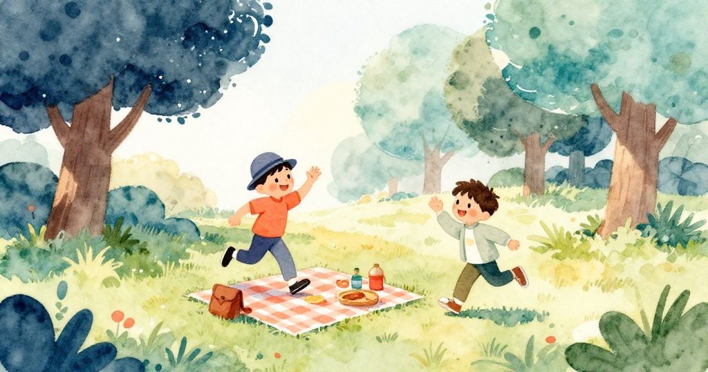 湯姆笑容滿面，好友里奧快步沖來揮手相迎，野餐布整齊展開，背景樹木輕搖營造溫馨歡樂氣氛。