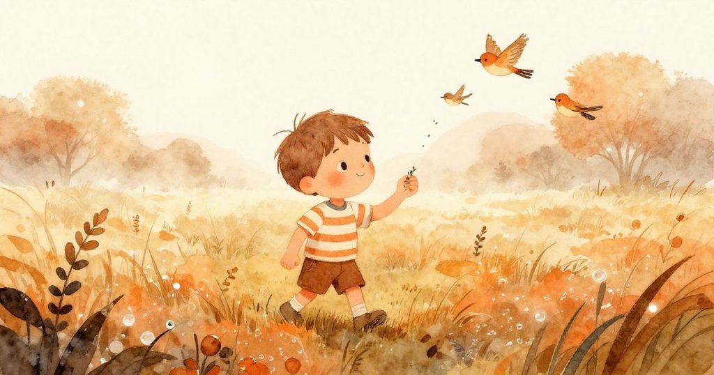 小男孩Leo在清晨薄霧中提著小種子，草地上露珠閃爍，鳥鳴回蕩，臉上充滿期待與喜悅，展現出自然與希望。