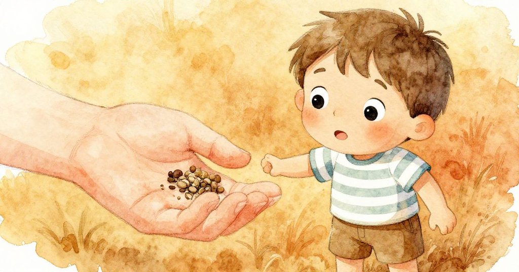 Leo蹲在濕潤泥土旁，專注地握著小種子，細緻觀察裡面蘊藏的生命力，臉上流露出好奇與期待。