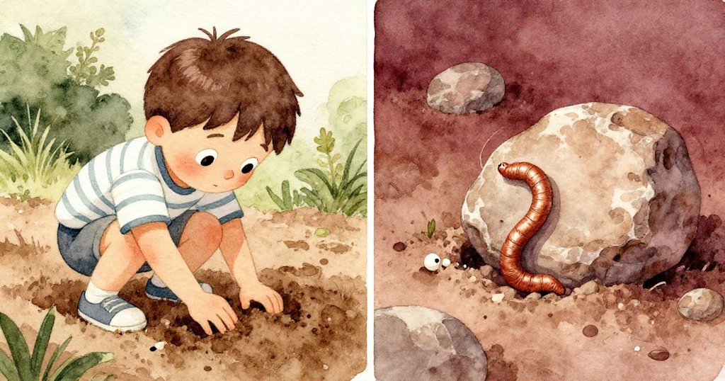 Leo左側用手指探測堅硬泥土，右側見小石輕動露出小蟲，畫面分割展現探索與驚喜，充滿專注與新奇感。