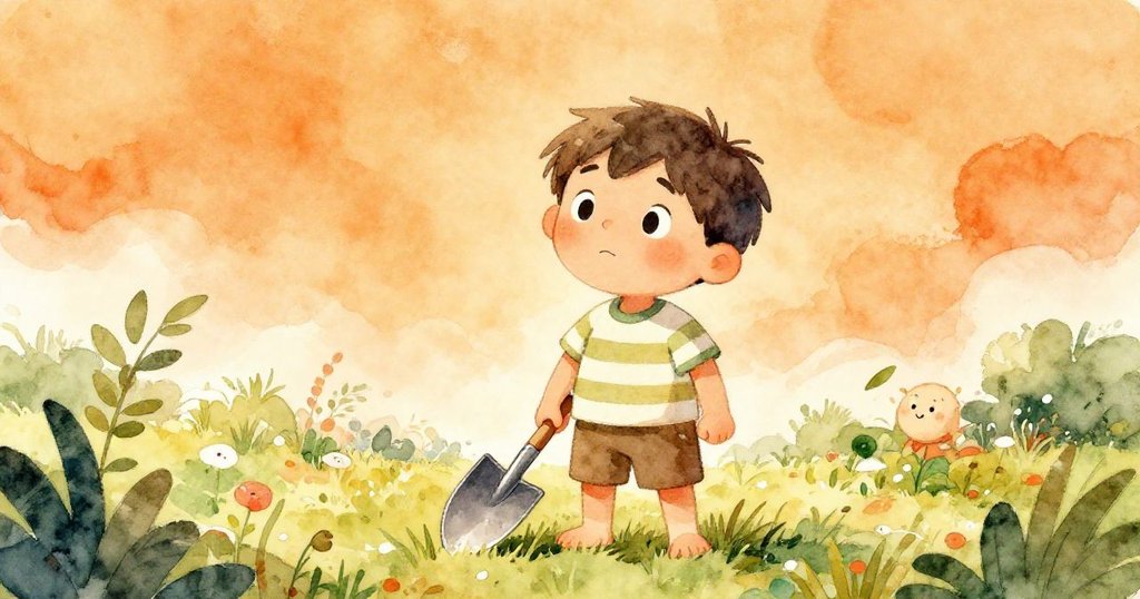 Leo手持小鏟在揚風花園中站立，葉子隨風搖曳，陽光穿透雲層灑落，臉上充滿堅定與探索的光芒。