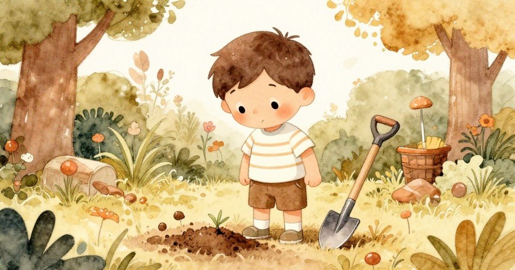 Leo安詳站在寧靜花園中，背後大地覆蓋著新種子，小鏟靜臥旁邊，整個畫面充滿平和與自然的美好。