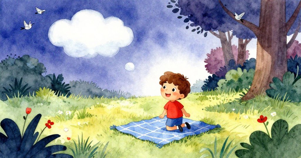 Luca在公園鋪開藍毛毯,背景有高草輕風和飄動雲朵,充滿寧靜與期待,展開快樂野餐準備。