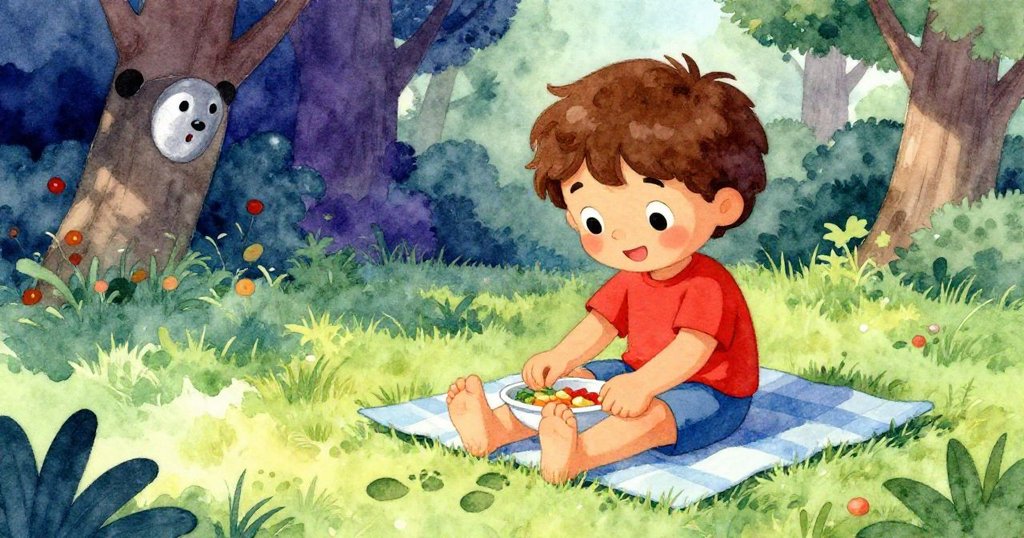 Luca坐在藍毛毯上放餐點,赤腳踏草留下足跡,溫暖陽光下享受自然與寧靜,動作細膩表情溫柔。